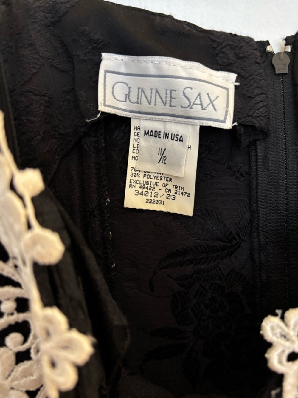 Vintage Gunne Sax Black Brocade Satin Mini Dress with White Floral Lace Accents - Picture 4 of 6